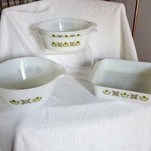 Vintage 1967 Anchor Hocking FireKing Green Meadow Glass Baking Dishes Collection